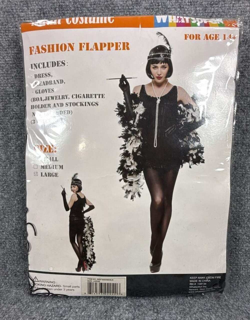 Fashion Flapper Costume Dress 3-Piece Set Large Black Halloween Cosplay New